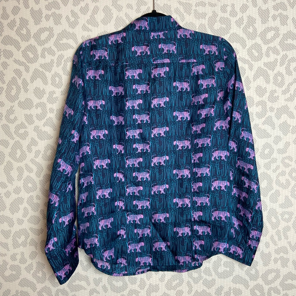 J. Crew Teal Button-Up Blouse with Pink Tiger Print - Picture 5 of 11